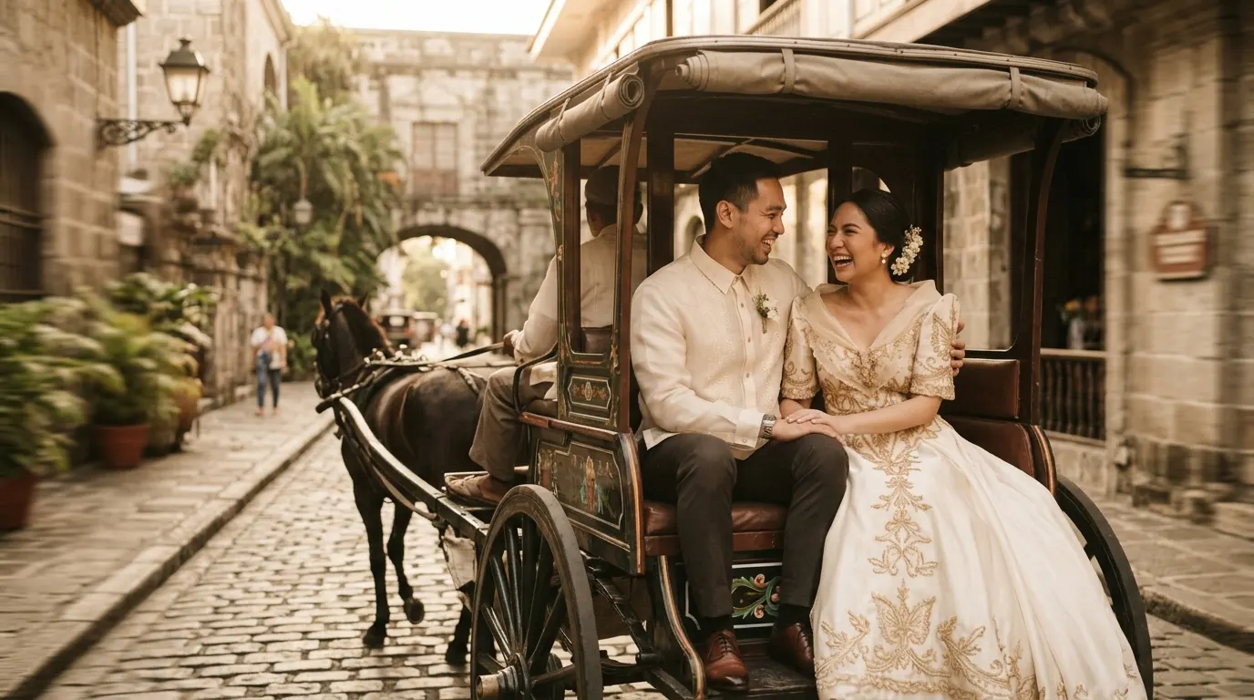 Ana and Miguel on a calesa in Intramuros