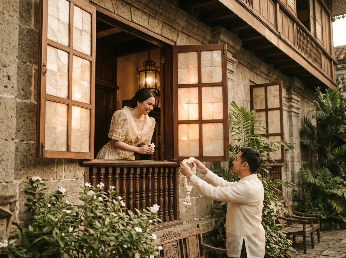 Ana at a capiz window with Miguel below