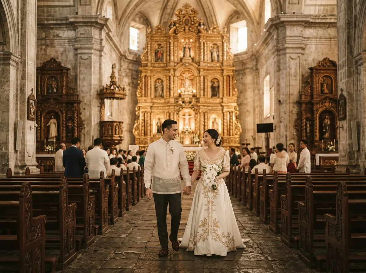 Ana and Miguel walking down a church aisle