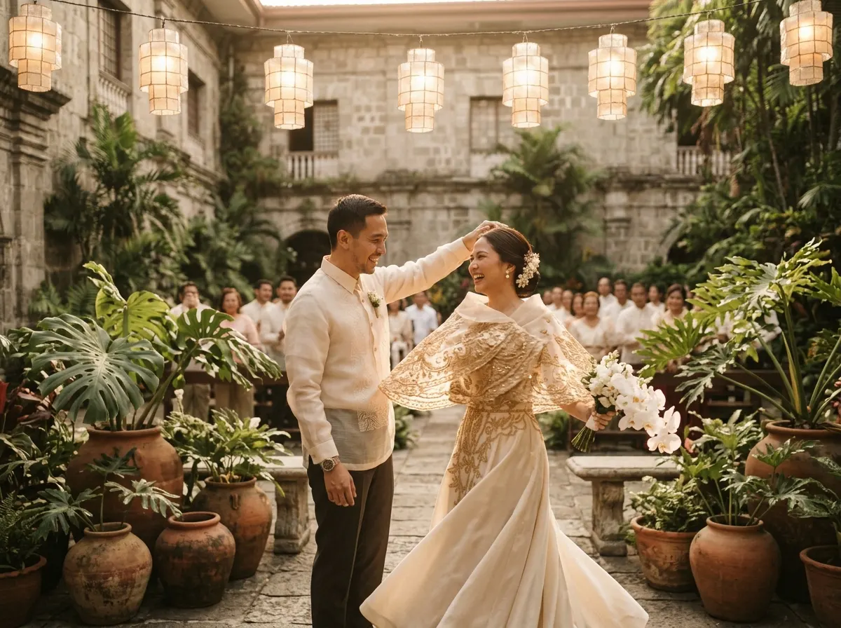 Ana and Miguel dancing in a courtyard