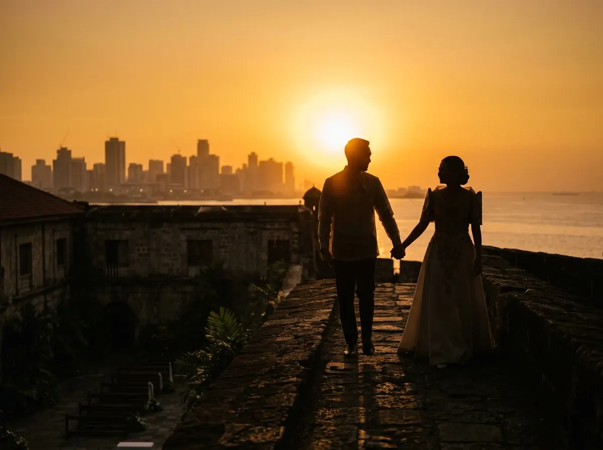 Ana and Miguel at sunset on the Intramuros walls